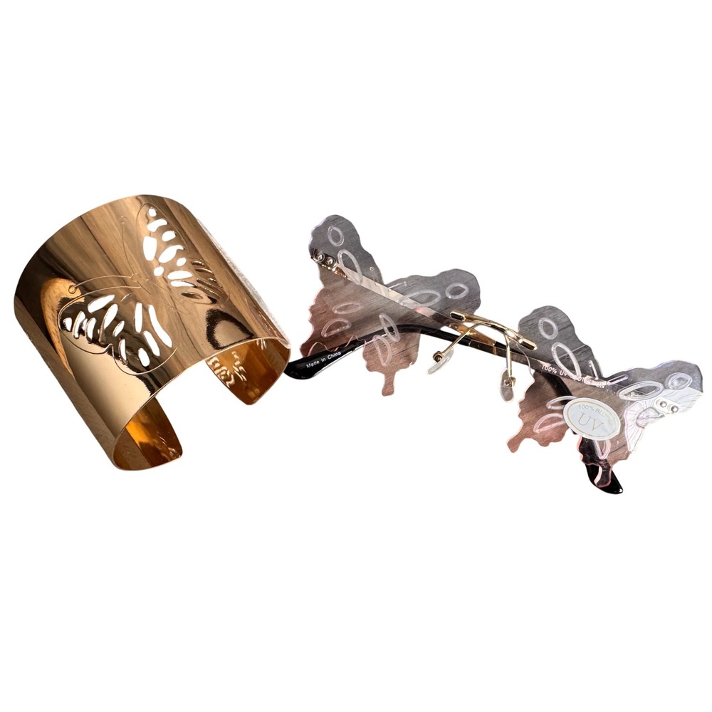 Festival Butterfly Rimless Y2K Sunglasses and Gold Butterfly Cuff Bracelet
